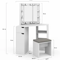 Coiffeuse d'angle blanche avec 3 miroirs LED, étagères, tiroir, rangements et tabouret