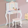 Coiffeuse enfant blanche et rose avec 3 miroirs et tabouret