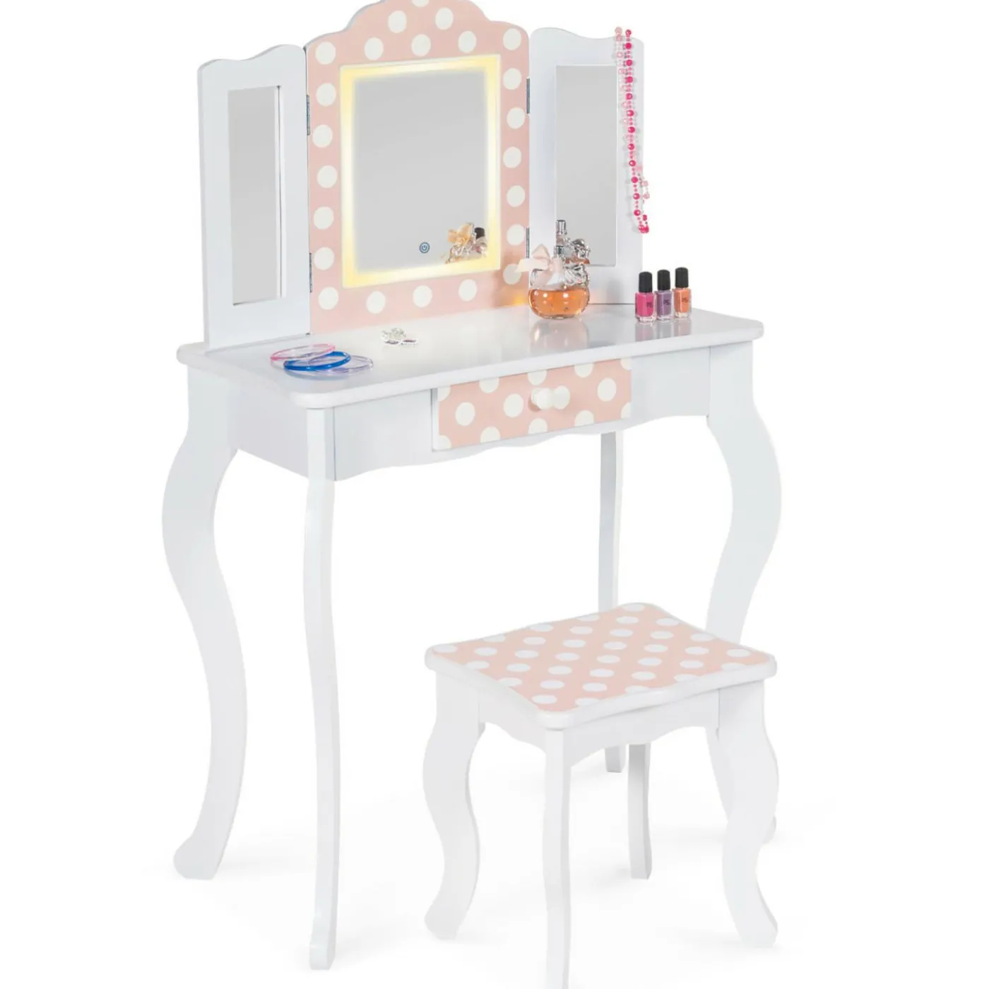 Coiffeuse enfant blanche et rose avec 3 miroirs et tabouret