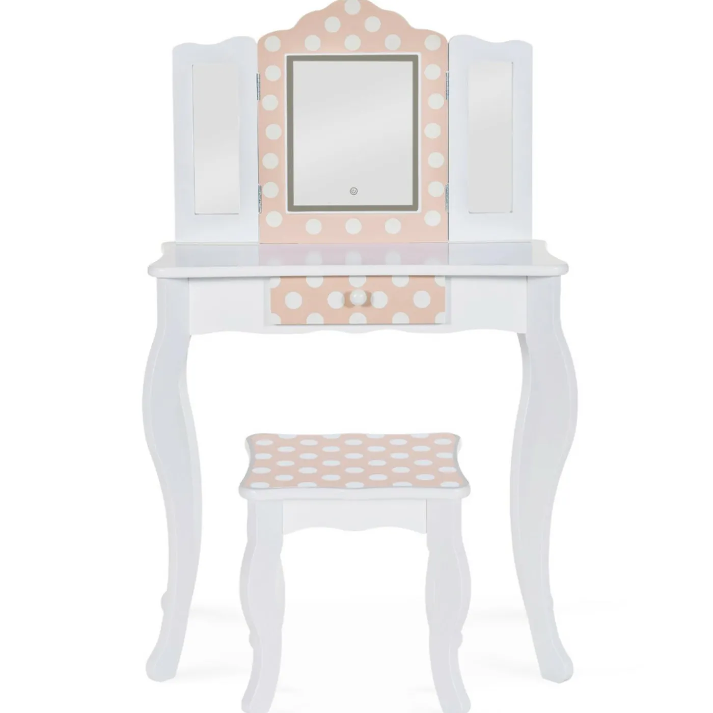 Coiffeuse enfant blanche et rose avec 3 miroirs et tabouret