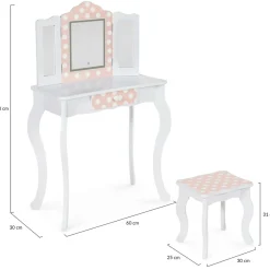 Coiffeuse enfant blanche et rose avec 3 miroirs et tabouret