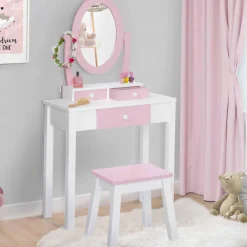 Coiffeuse enfant rose et blanche avec miroir et tabouret