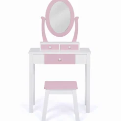 Coiffeuse enfant rose et blanche avec miroir et tabouret
