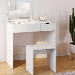 Coiffeuse miroir rabattable blanche 2 tiroirs et tabouret