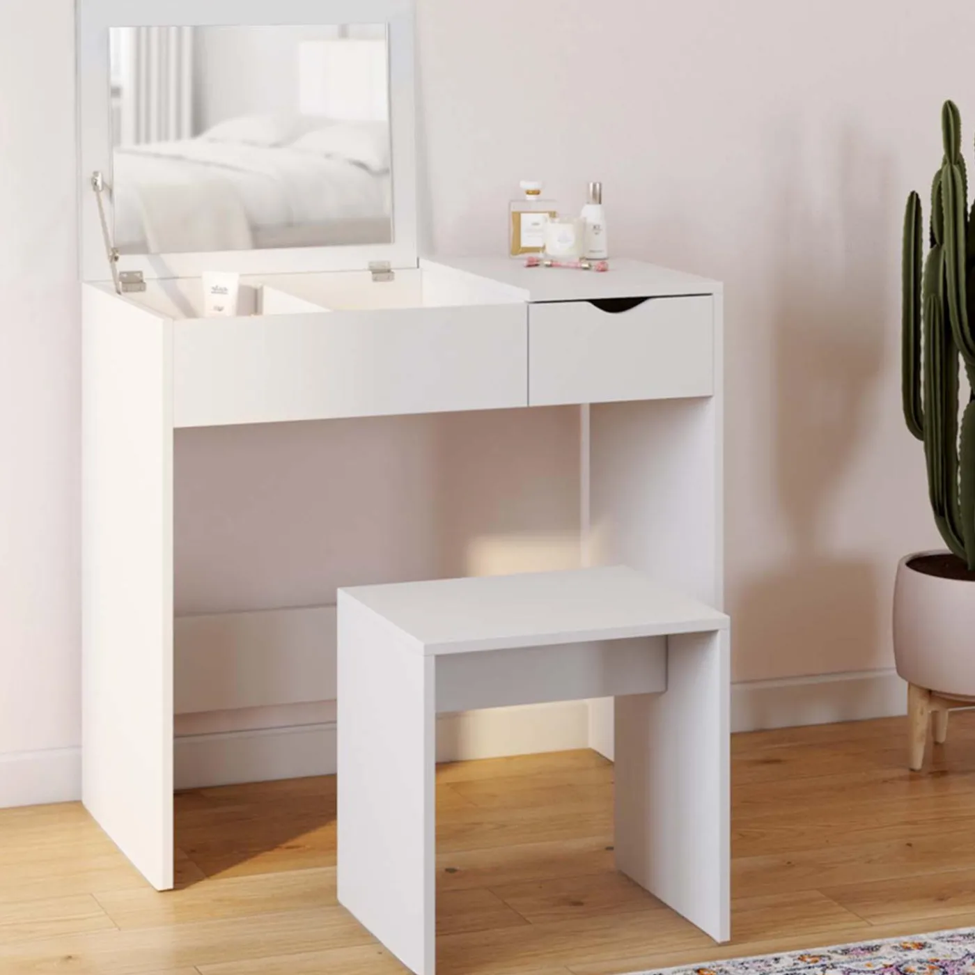 Coiffeuse miroir rabattable blanche 2 tiroirs et tabouret