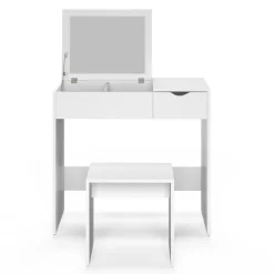 Coiffeuse miroir rabattable blanche 2 tiroirs et tabouret