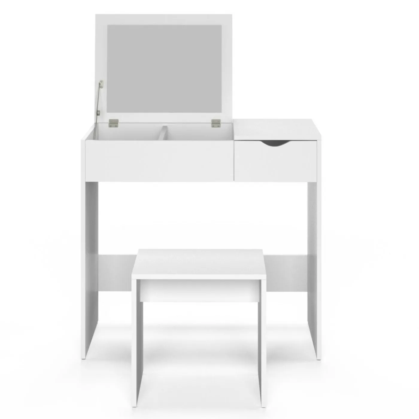Coiffeuse miroir rabattable blanche 2 tiroirs et tabouret