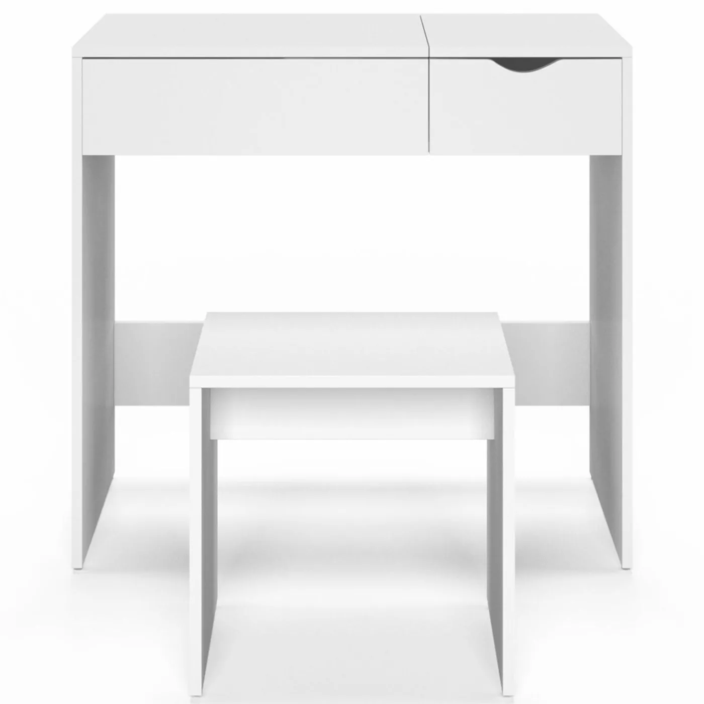Coiffeuse miroir rabattable blanche 2 tiroirs et tabouret