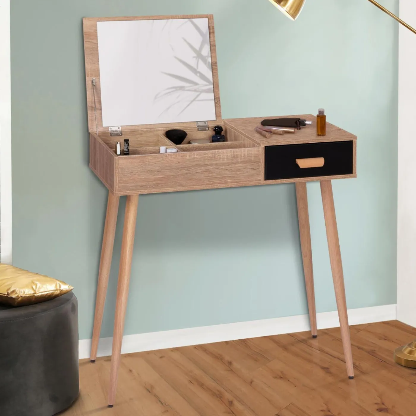 Coiffeuse scandinave miroir rabattable hêtre et noir