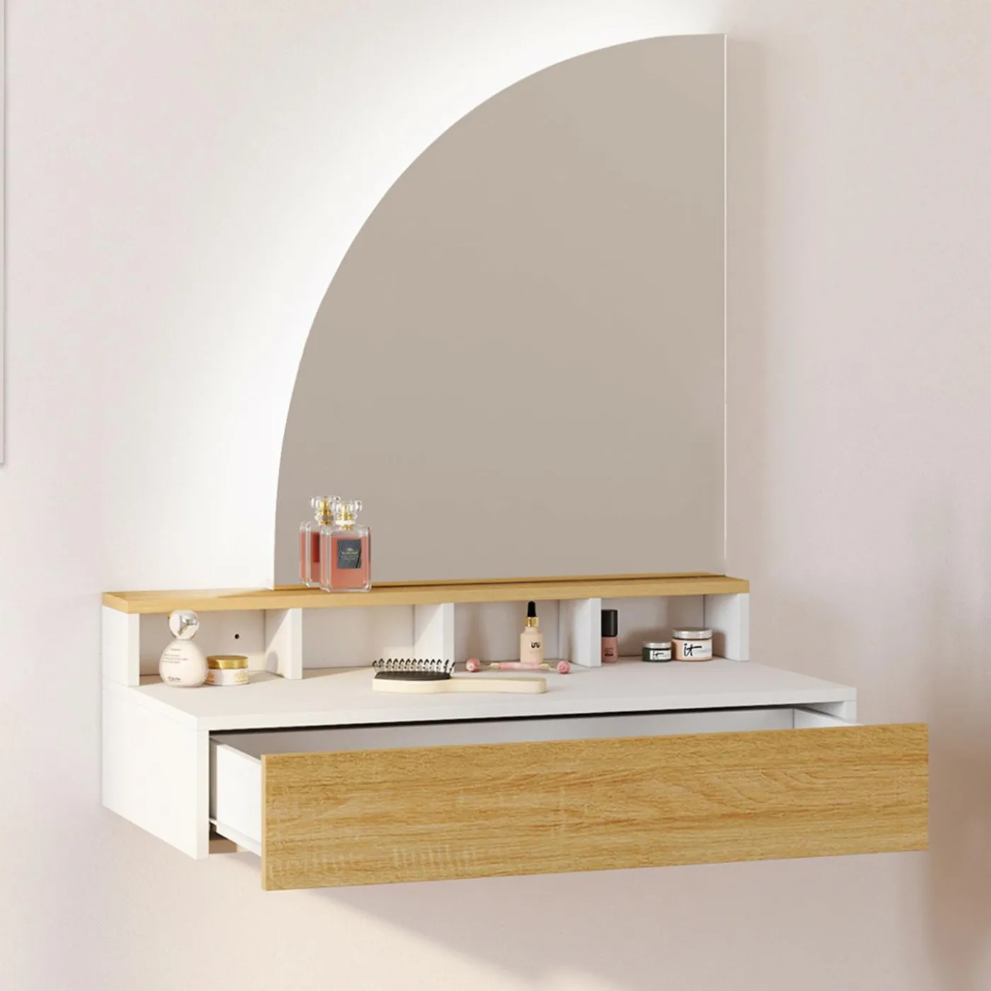 Coiffeuse suspendue miroir LED avec 4 niches, 1 tiroir bois et blanc
