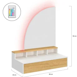 Coiffeuse suspendue miroir LED avec 4 niches, 1 tiroir bois et blanc