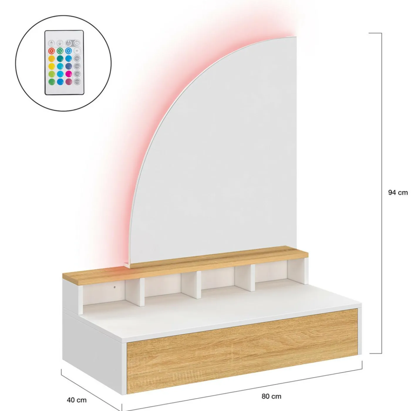 Coiffeuse suspendue miroir LED avec 4 niches, 1 tiroir bois et blanc
