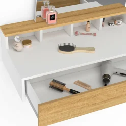 Coiffeuse suspendue miroir LED avec 4 niches, 1 tiroir bois et blanc