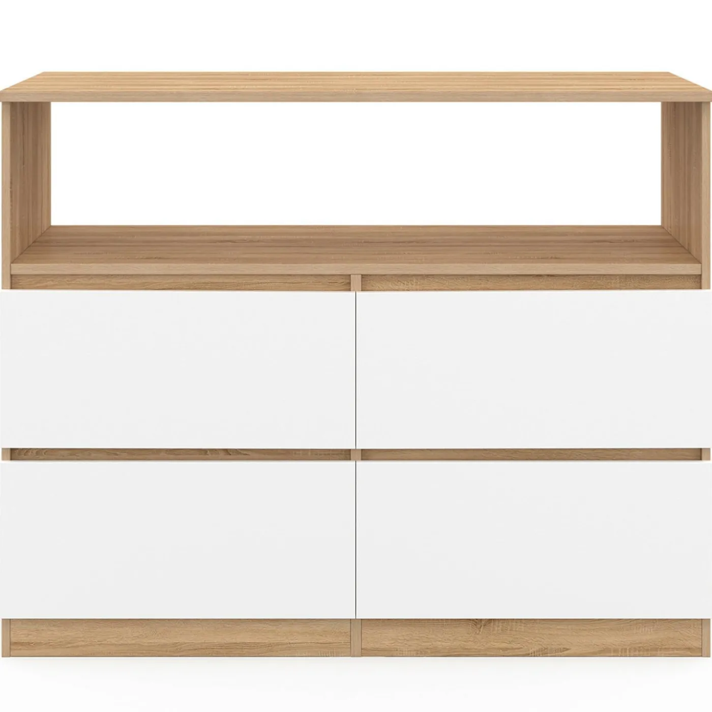 Commode 100 cm 4 tiroirs avec niche façon hêtre et blanc