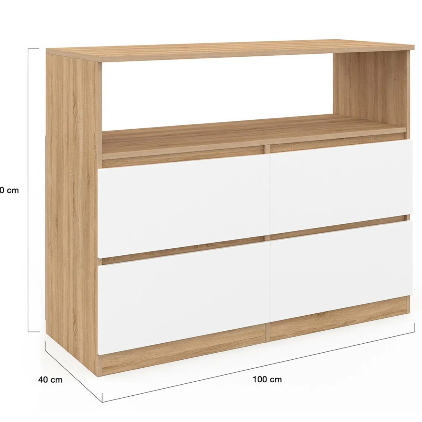 Commode 100 cm 4 tiroirs avec niche façon hêtre et blanc