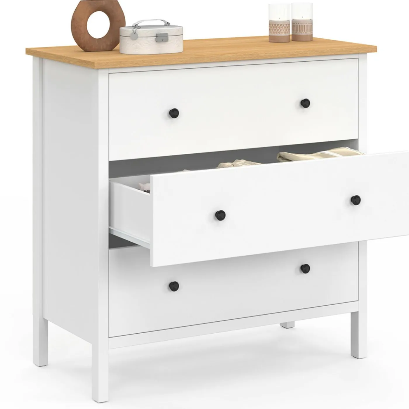 Commode 80 cm 3 tiroirs bois blanc plateau bois