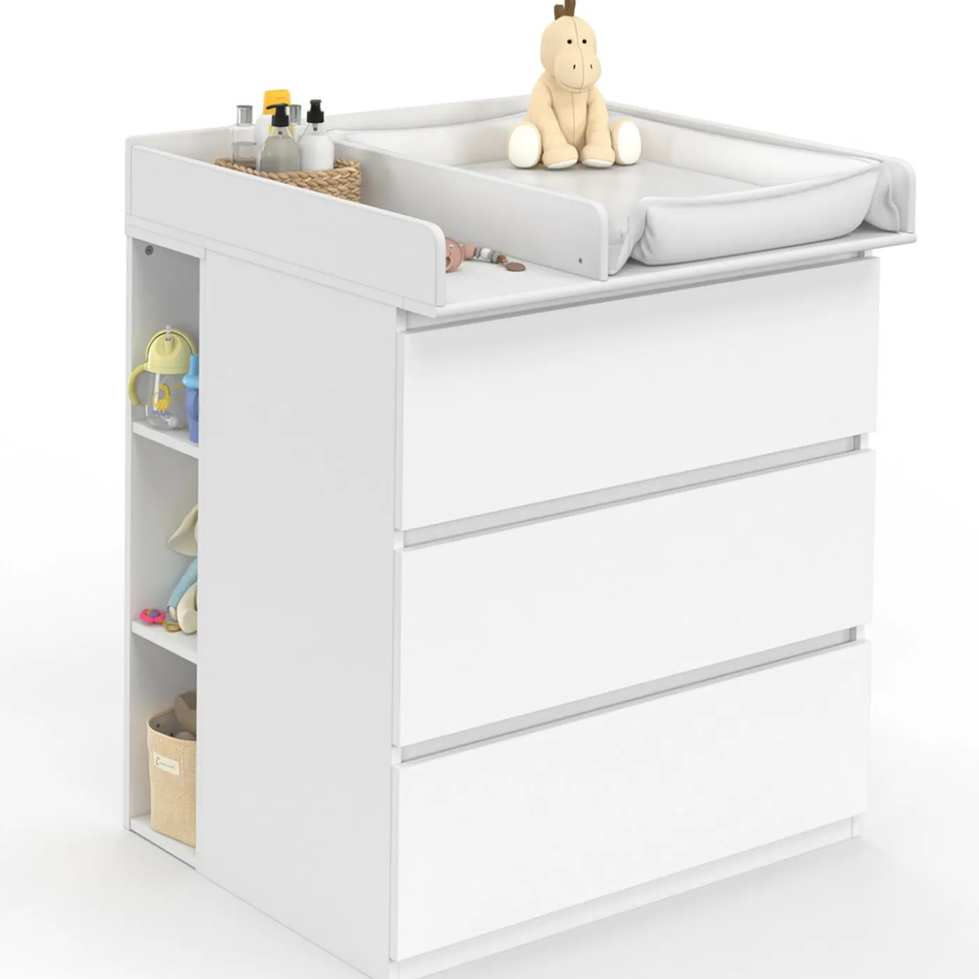 Commode à langer évolutive bois blanc 3 tiroirs et 2 étagères amovibles