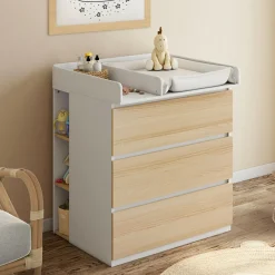 Commode à langer évolutive façon hêtre et blanc 3 tiroirs et 2 étagères