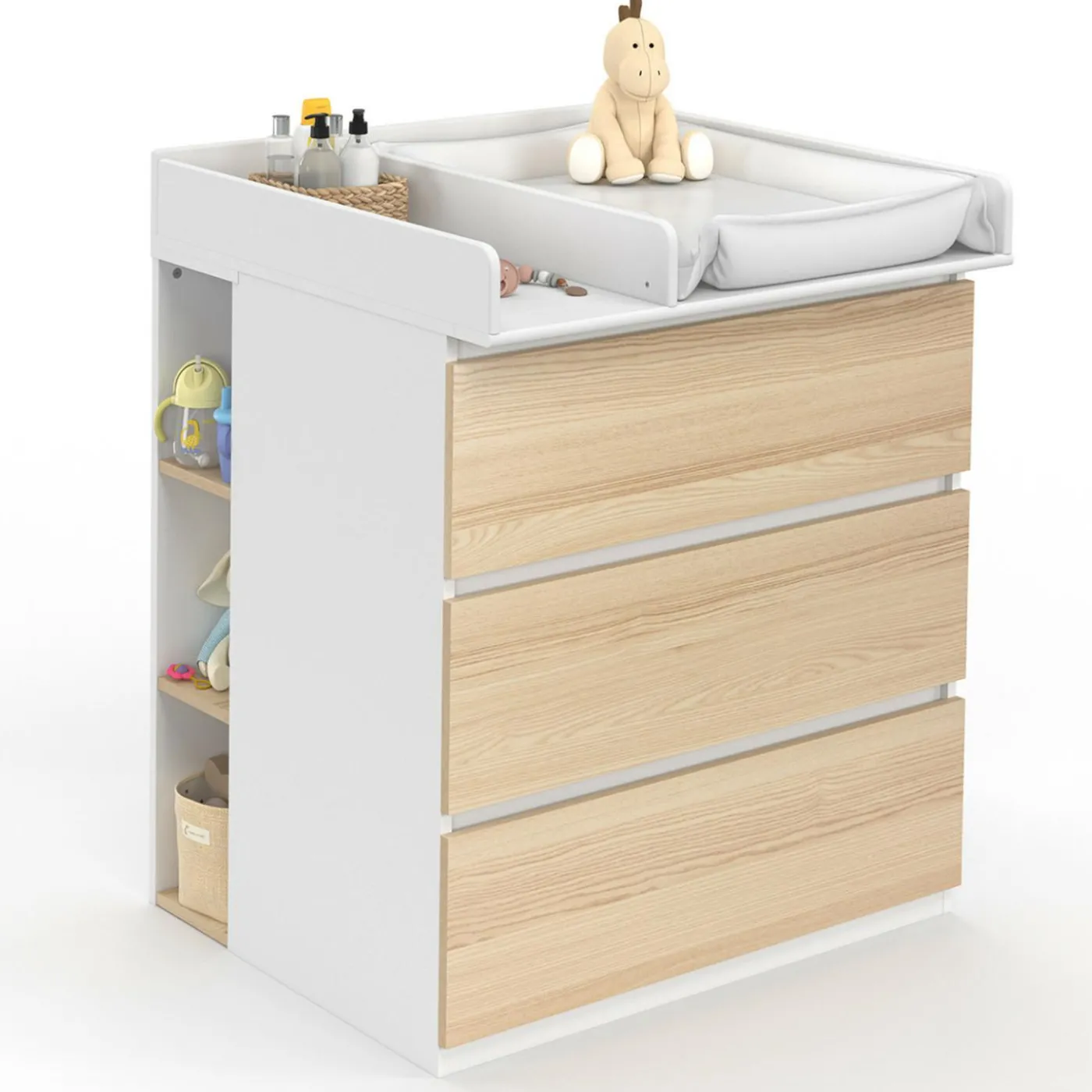 Commode à langer évolutive façon hêtre et blanc 3 tiroirs et 2 étagères
