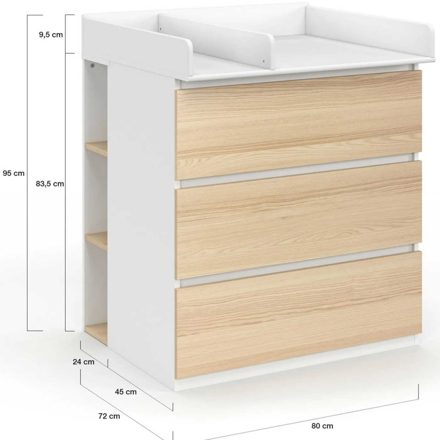 Commode à langer évolutive façon hêtre et blanc 3 tiroirs et 2 étagères