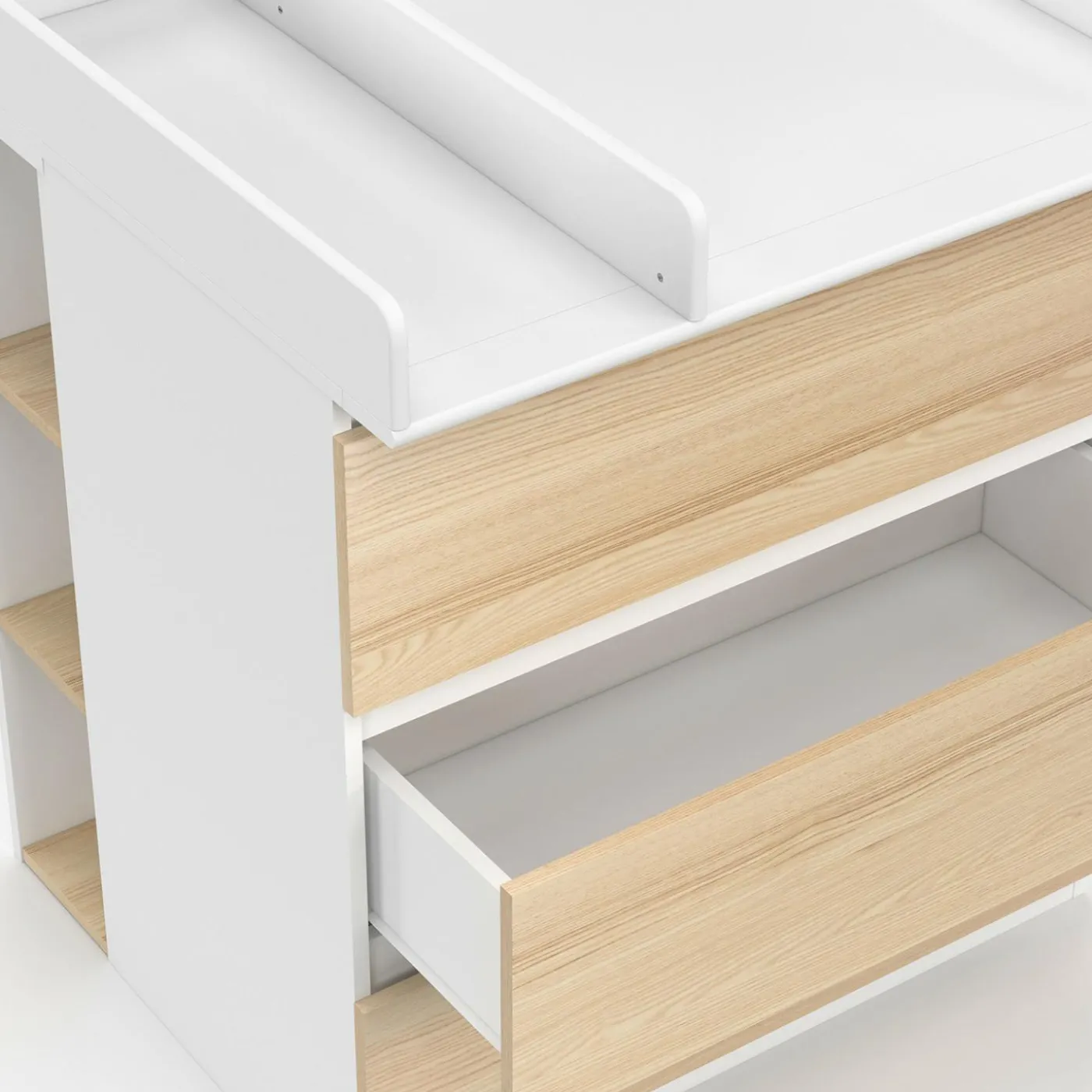 Commode à langer évolutive façon hêtre et blanc 3 tiroirs et 2 étagères