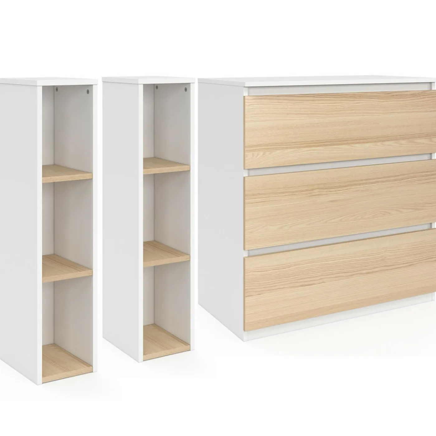 Commode à langer évolutive façon hêtre et blanc 3 tiroirs et 2 étagères