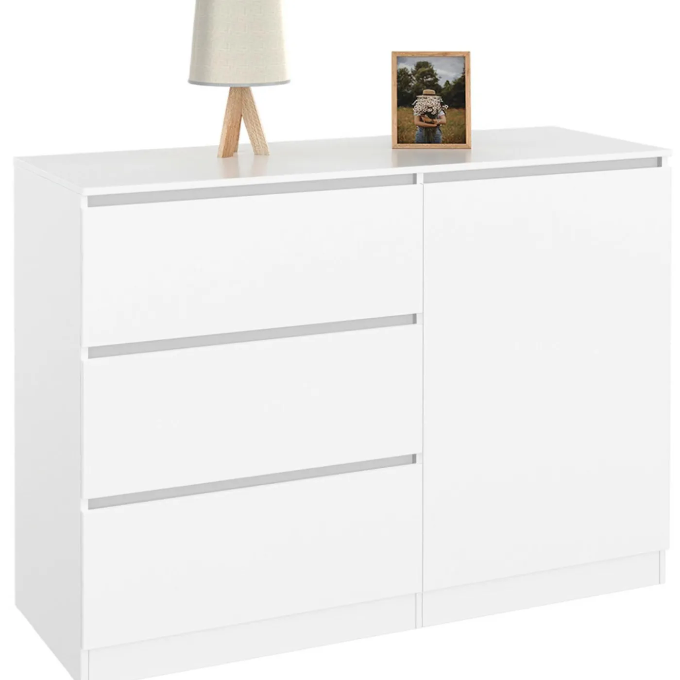 Commode 3 tiroirs + 1 porte 110 cm bois blanc