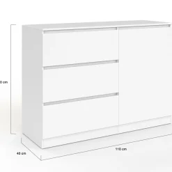 Commode 3 tiroirs + 1 porte 110 cm bois blanc