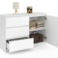 Commode 3 tiroirs + 1 porte 110 cm bois blanc