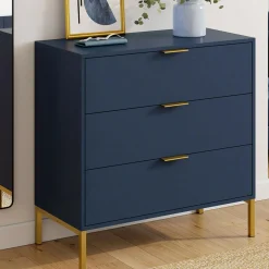 Commode 3 tiroirs 80 cm bleu nuit et finitions dorées