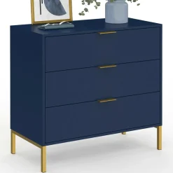 Commode 3 tiroirs 80 cm bleu nuit et finitions dorées