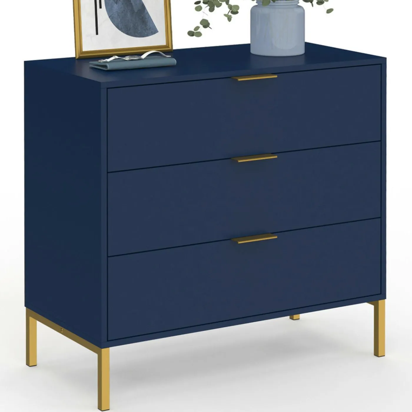 Commode 3 tiroirs 80 cm bleu nuit et finitions dorées