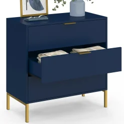 Commode 3 tiroirs 80 cm bleu nuit et finitions dorées