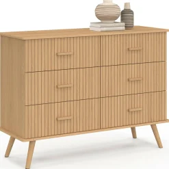 Commode 6 tiroirs 110 cm lattes tasseau bois coloris chêne