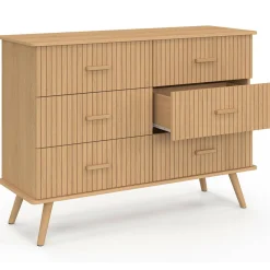 Commode 6 tiroirs 110 cm lattes tasseau bois coloris chêne