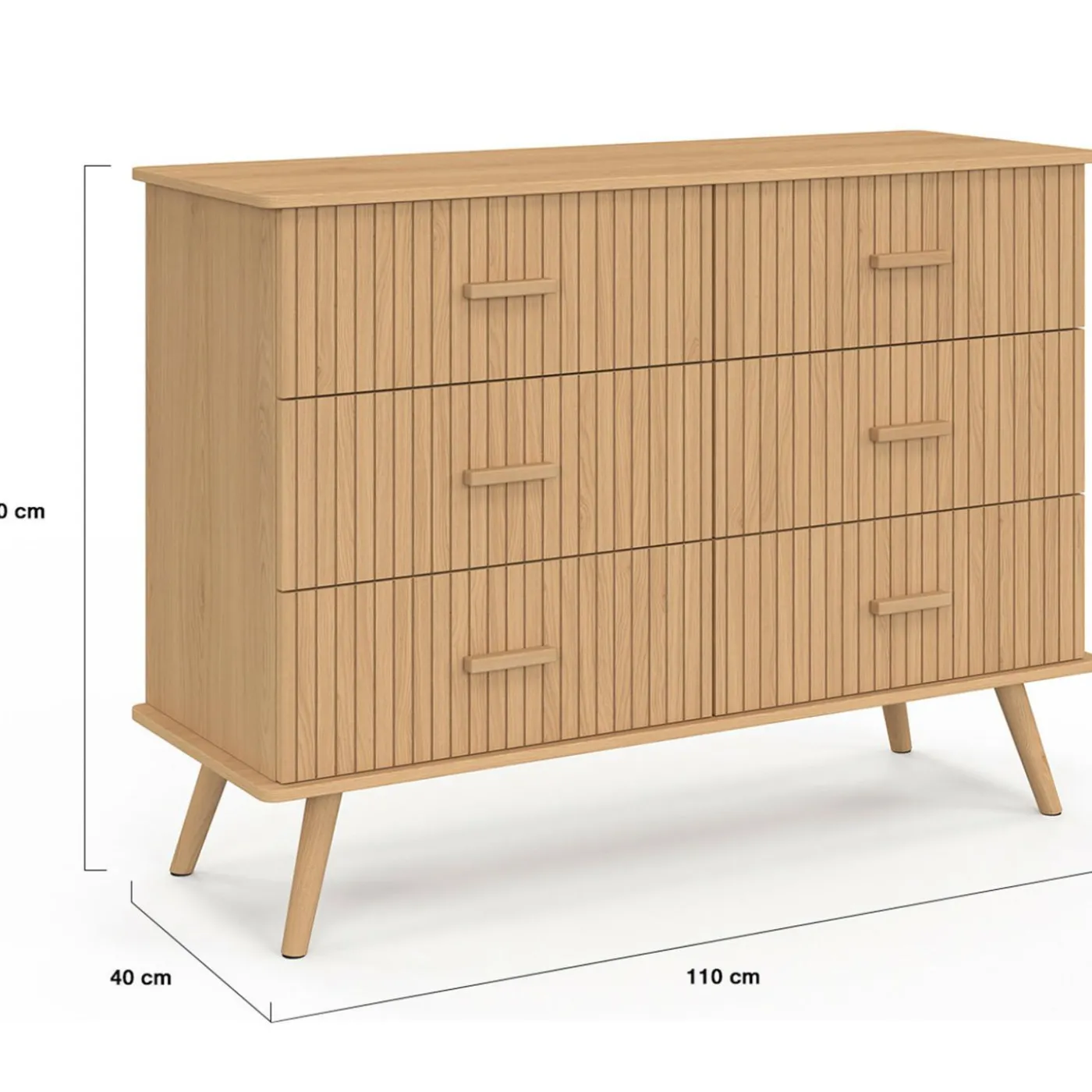 Commode 6 tiroirs 110 cm lattes tasseau bois coloris chêne