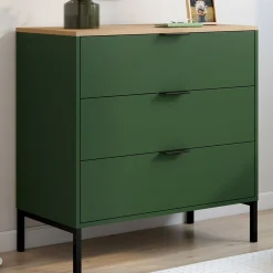 Commode 3 tiroirs 80 cm vert kaki et plateau bois