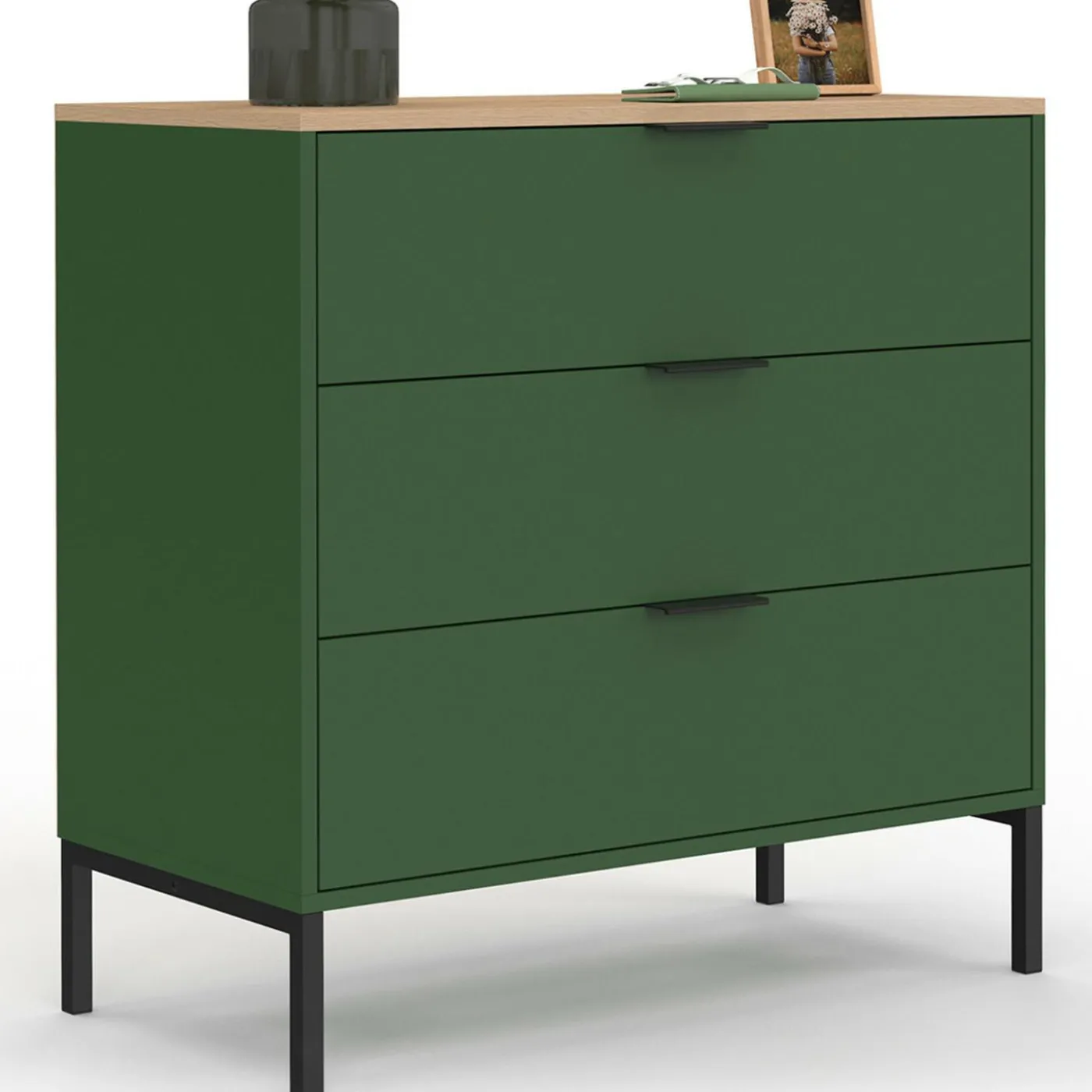 Commode 3 tiroirs 80 cm vert kaki et plateau bois