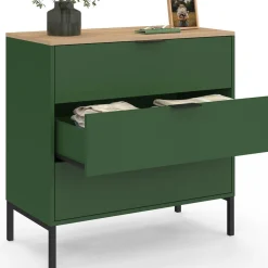 Commode 3 tiroirs 80 cm vert kaki et plateau bois