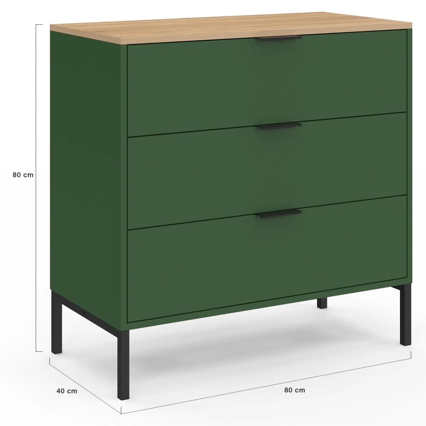 Commode 3 tiroirs 80 cm vert kaki et plateau bois