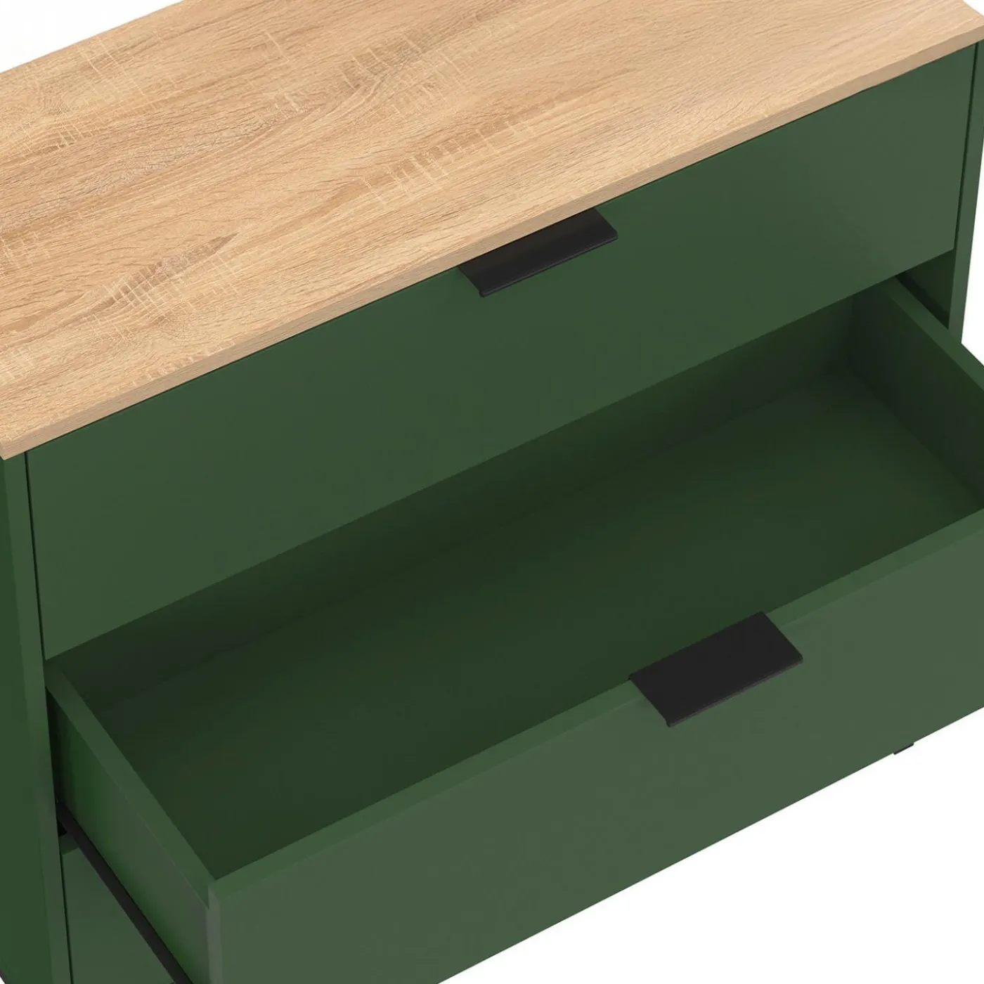 Commode 3 tiroirs 80 cm vert kaki et plateau bois
