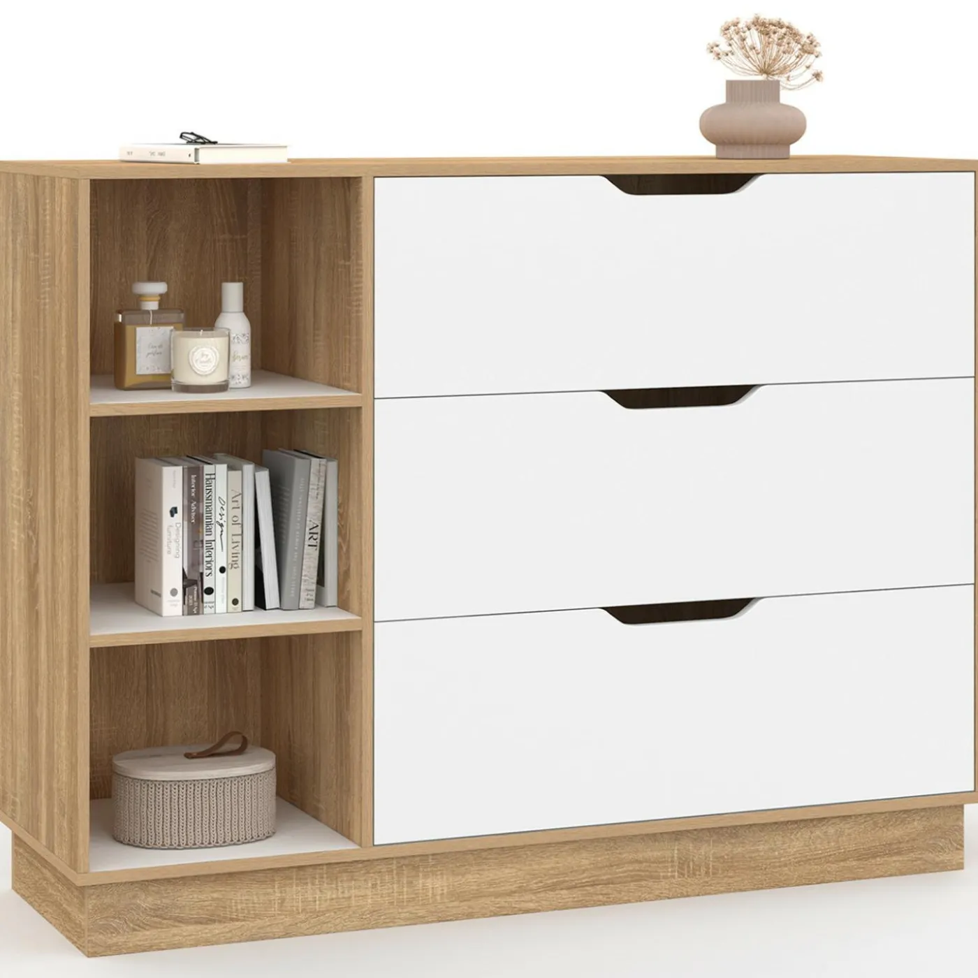 Commode 3 tiroirs 3 niches hêtre blanc
