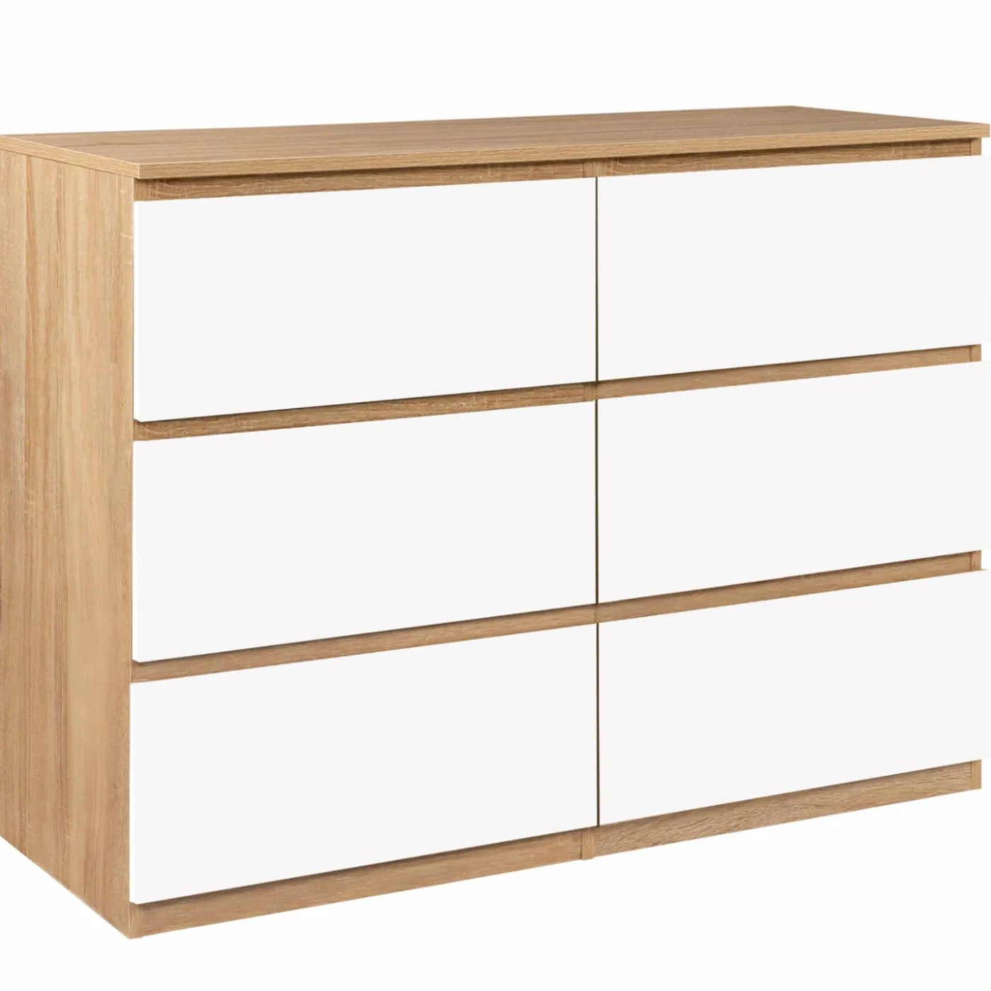 Commode 6 tiroirs blanche et bois façon hêtre