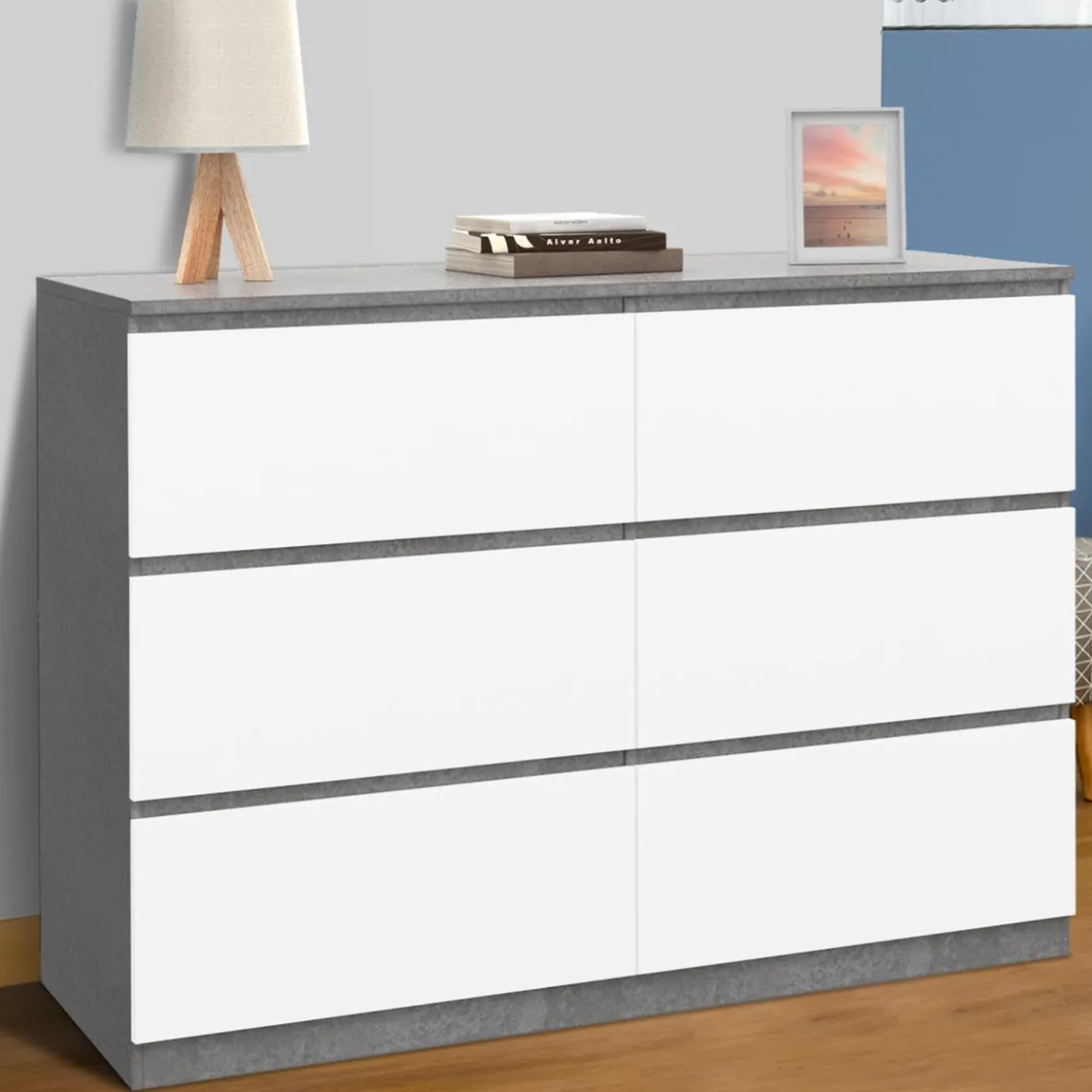 Commode 6 tiroirs blanche effet béton