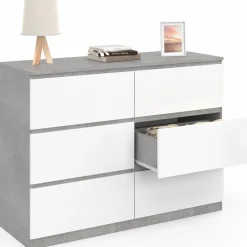 Commode 6 tiroirs blanche effet béton