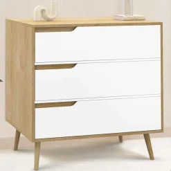Commode 3 tiroirs blanche et bois style scandinave