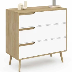 Commode 3 tiroirs blanche et bois style scandinave