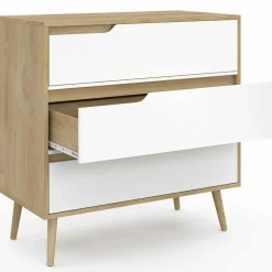 Commode 3 tiroirs blanche et bois style scandinave