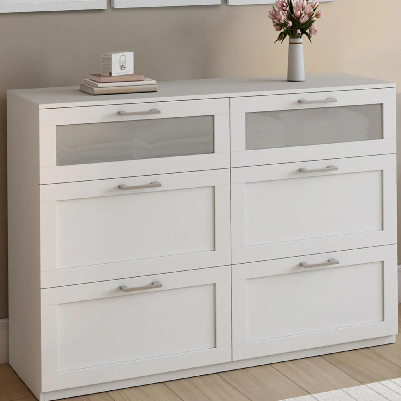 Commode 6 tiroirs bois et blanc effet givré