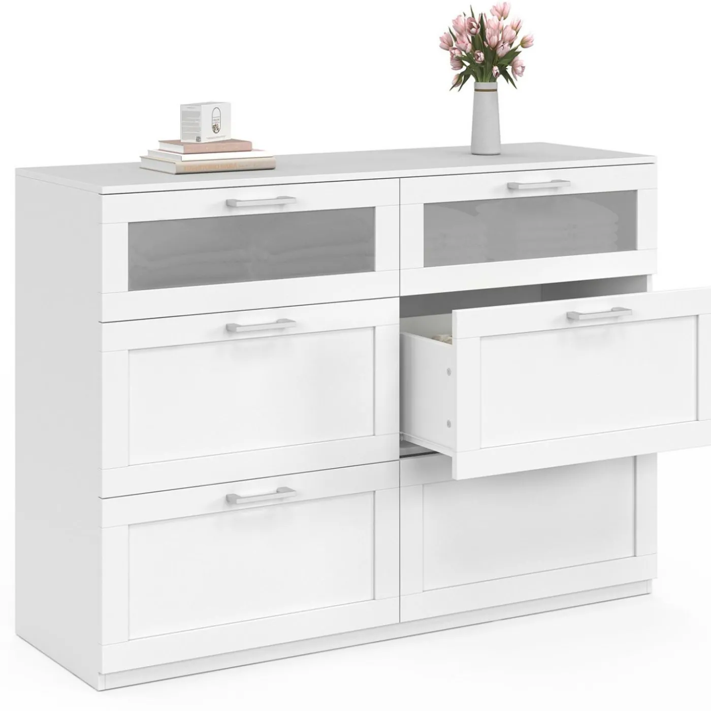 Commode 6 tiroirs bois et blanc effet givré